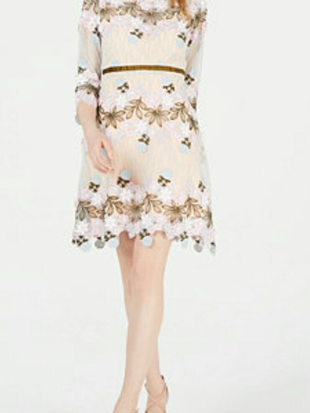 foxiedox Cream Lace Mini Dress with Olive Waistband and Pale Blue Accents